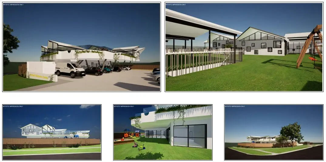 Home exterior with play area and lawn