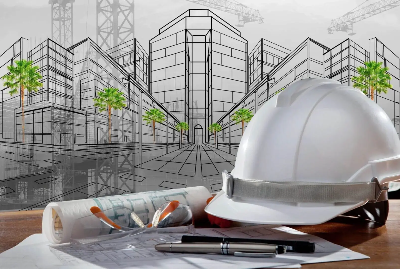 Construction plans and helmet on table.